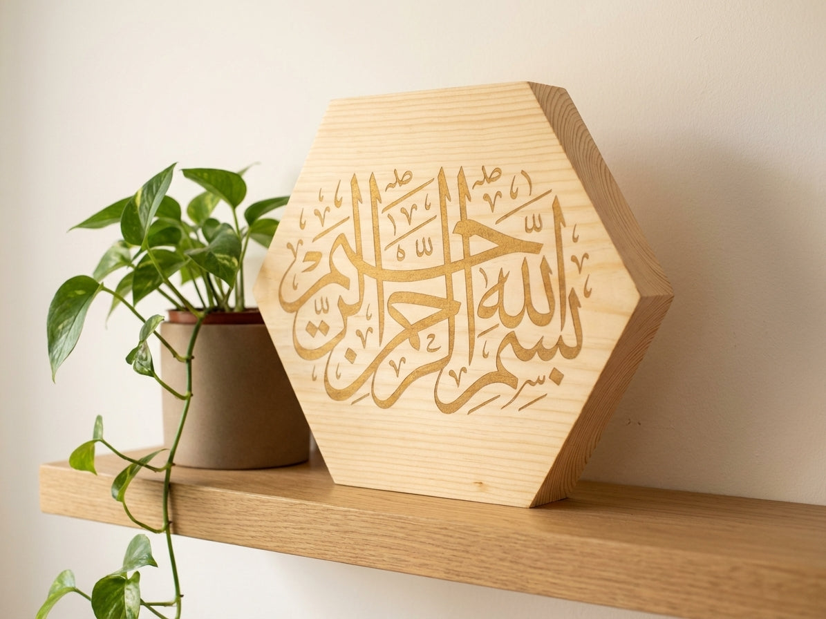 Alhamdulillah hexagonal wooden block dark background